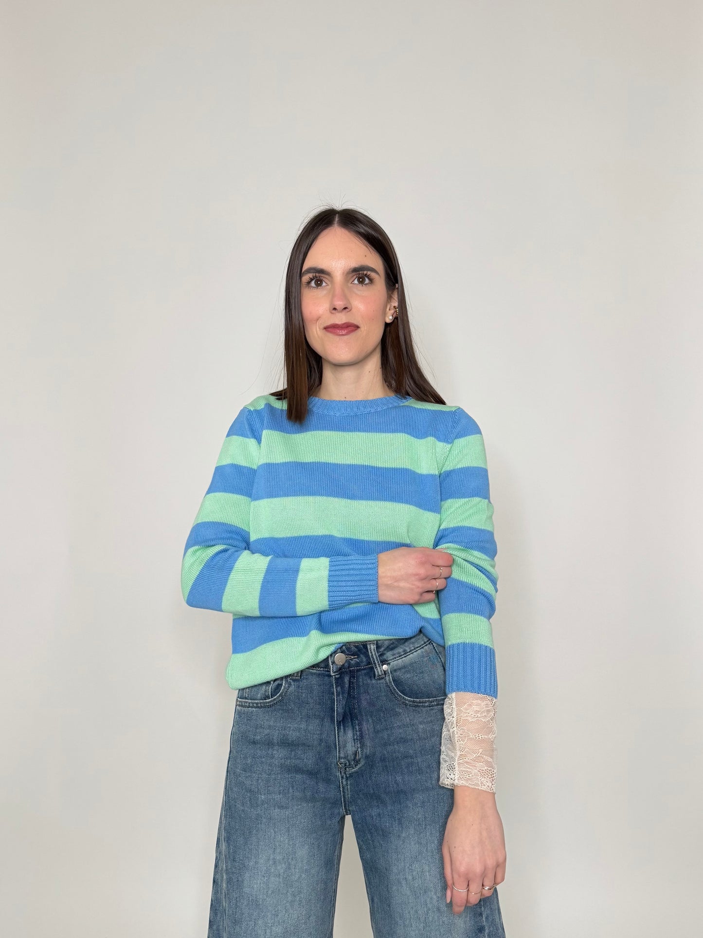 Maglia girocollo a righe in 100% cotone Jeans/Menta