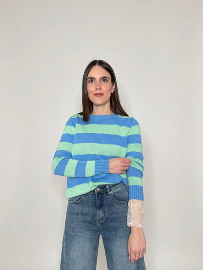 Maglia girocollo a righe in 100% cotone Jeans/Menta