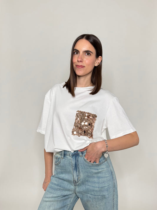 T- shirt in cotone con taschino paillette applicato Bronzo
