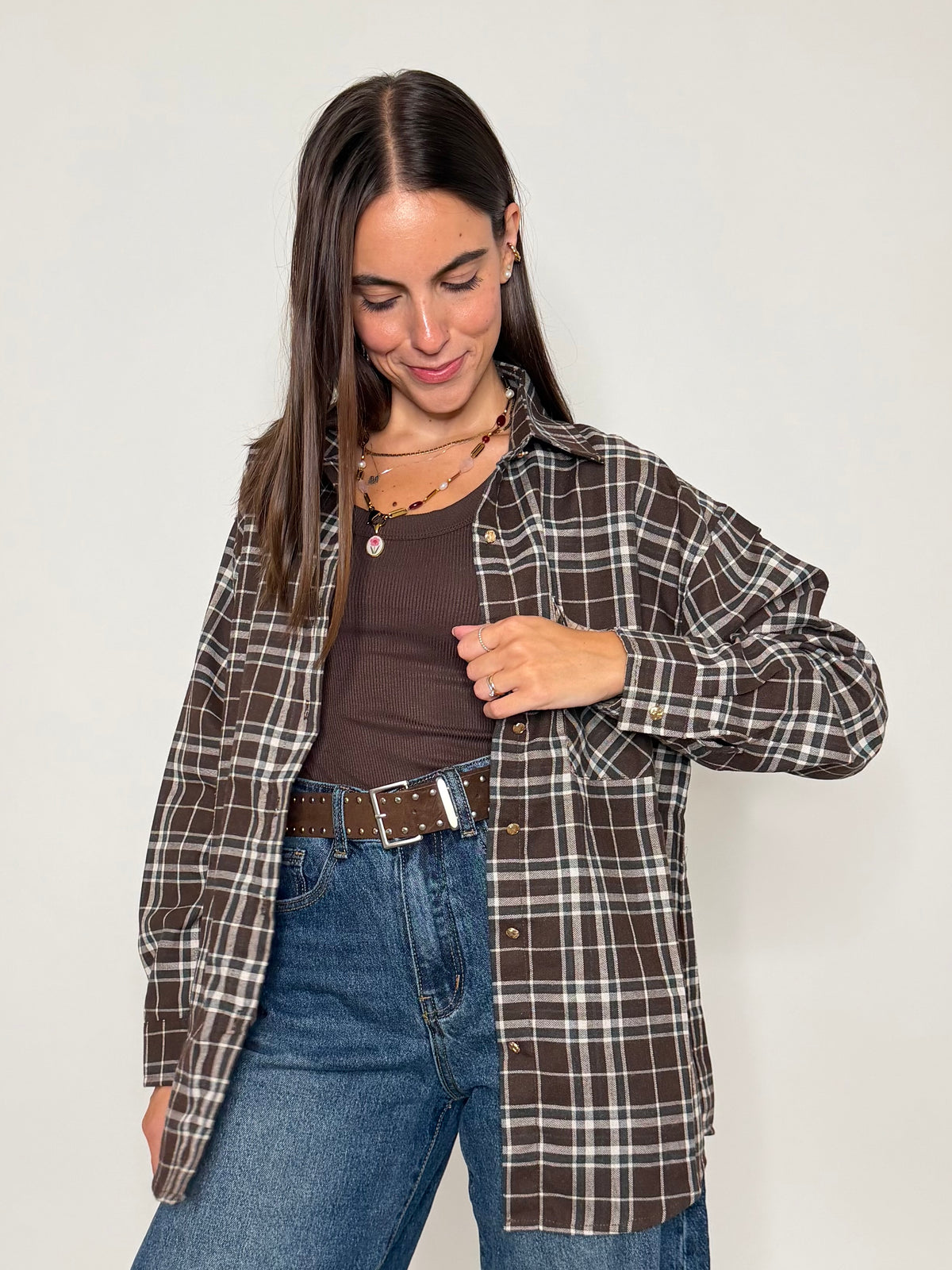 Camicia check in cotone con taschino cioccolato