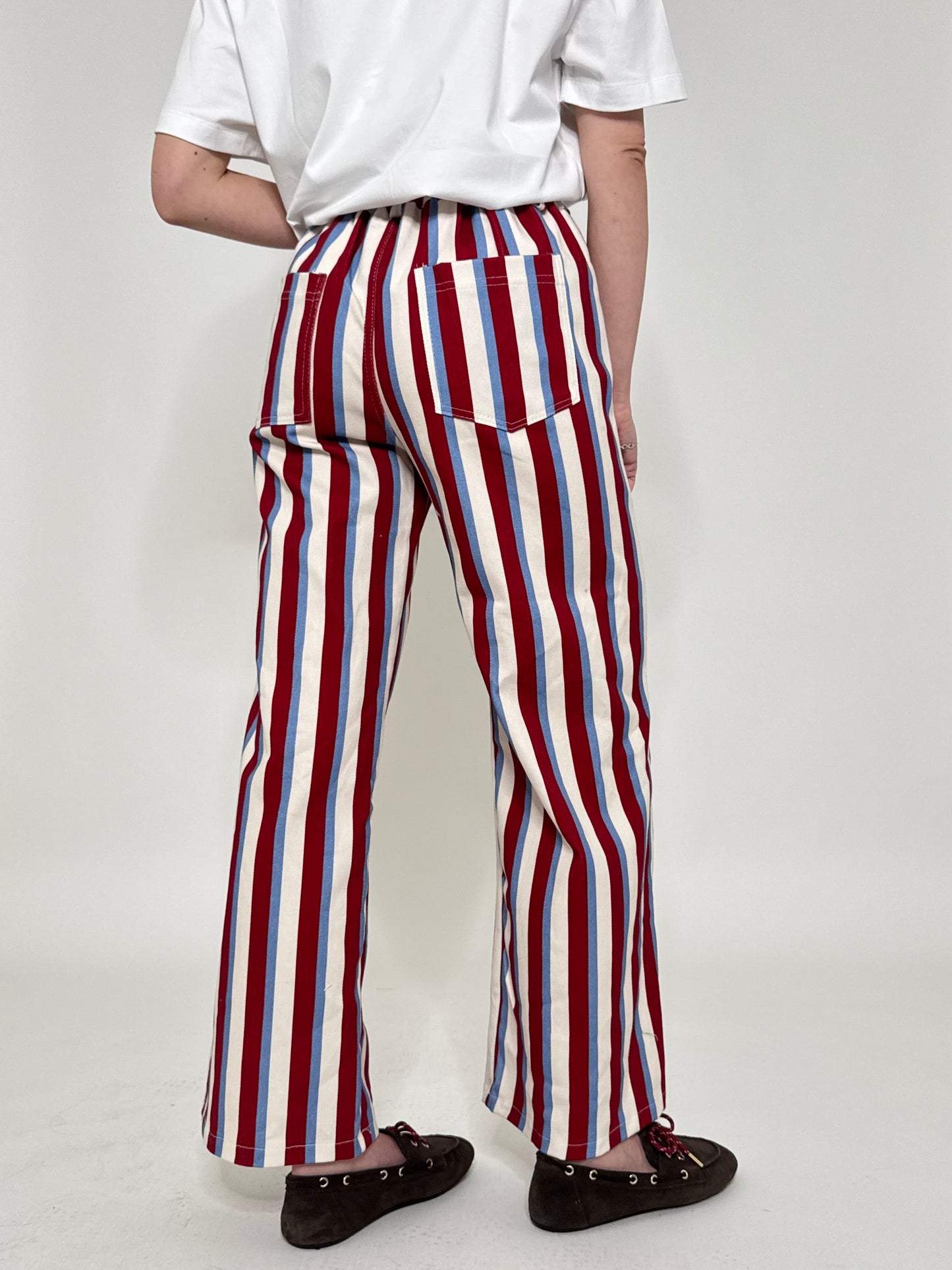Jeans cinque tasche a righe modello wide leg Panna/Celeste/Bordeaux