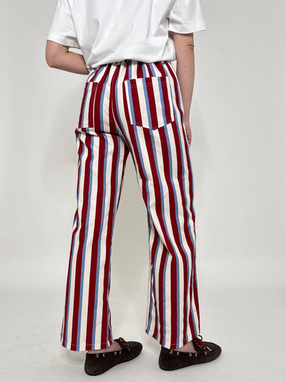 Jeans cinque tasche a righe modello wide leg Panna/Celeste/Bordeaux