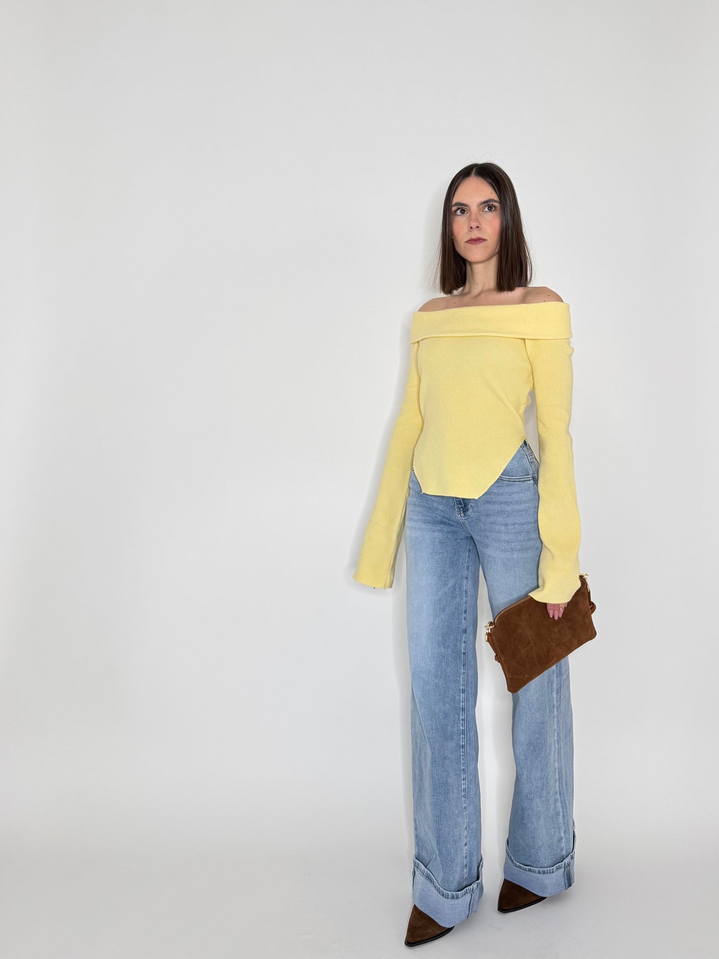 Maglia alla Bardot spalle scese in viscosa Giallo