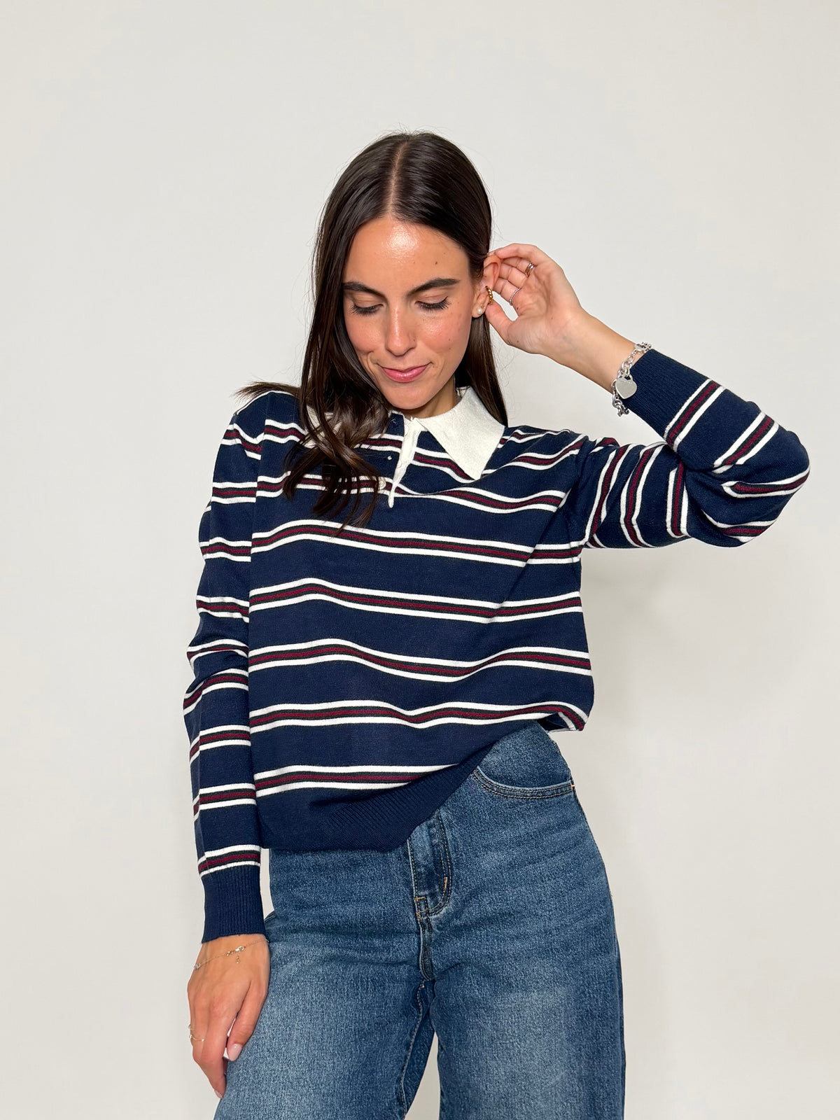 Polo a righe in viscosa blu navy/panna