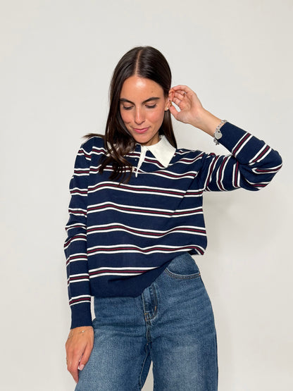 Polo a righe in viscosa blu navy/panna