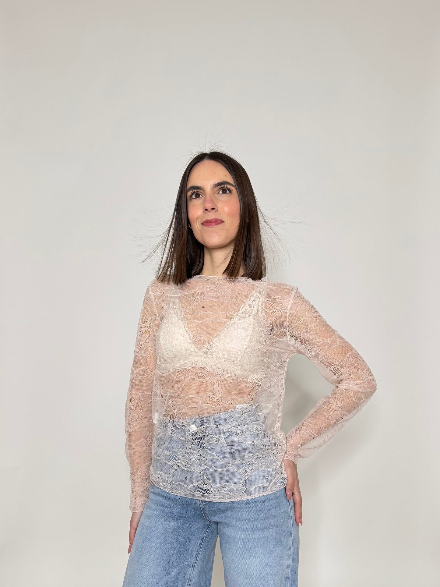 Maglia girocollo light pizzo Rosa antico