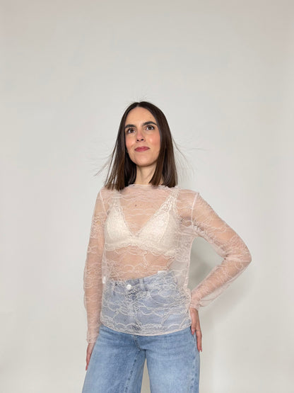 Maglia girocollo light pizzo Rosa antico