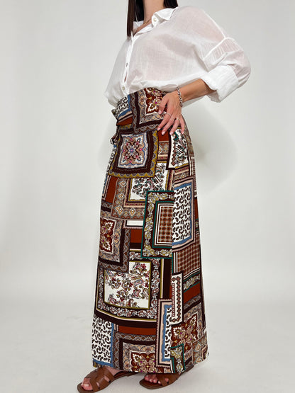 Gonna pareo in fresca viscosa fantasia foulard cioccolato