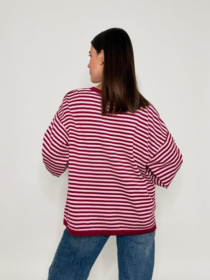 Maglia mille righe in morbida viscosa manica lunga ampia rosa india