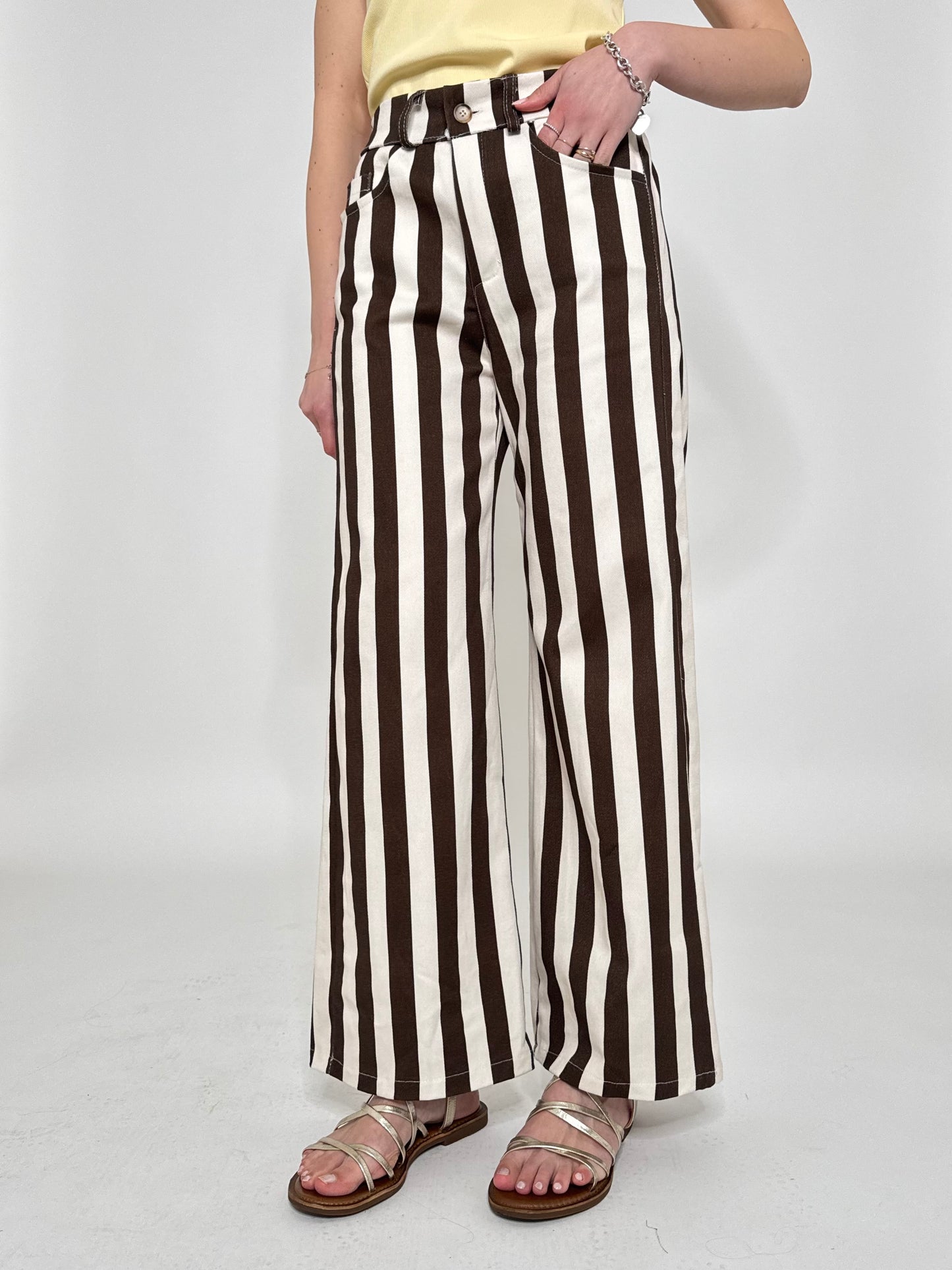 Jeans cinque tasche a righe modello wide leg Panna/cioccolato