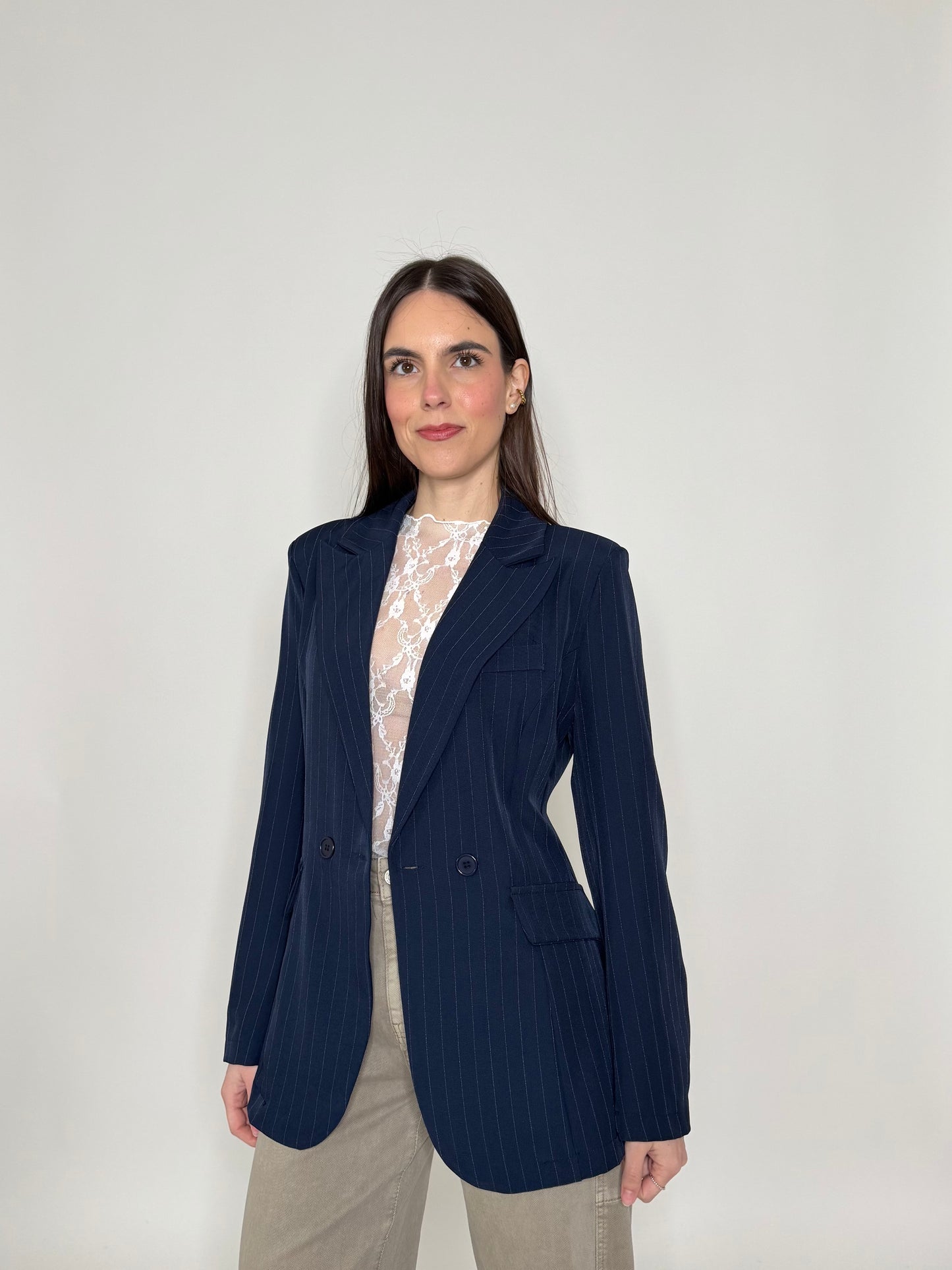 Giacca gessata doppiopetto intreccio Blu Navy