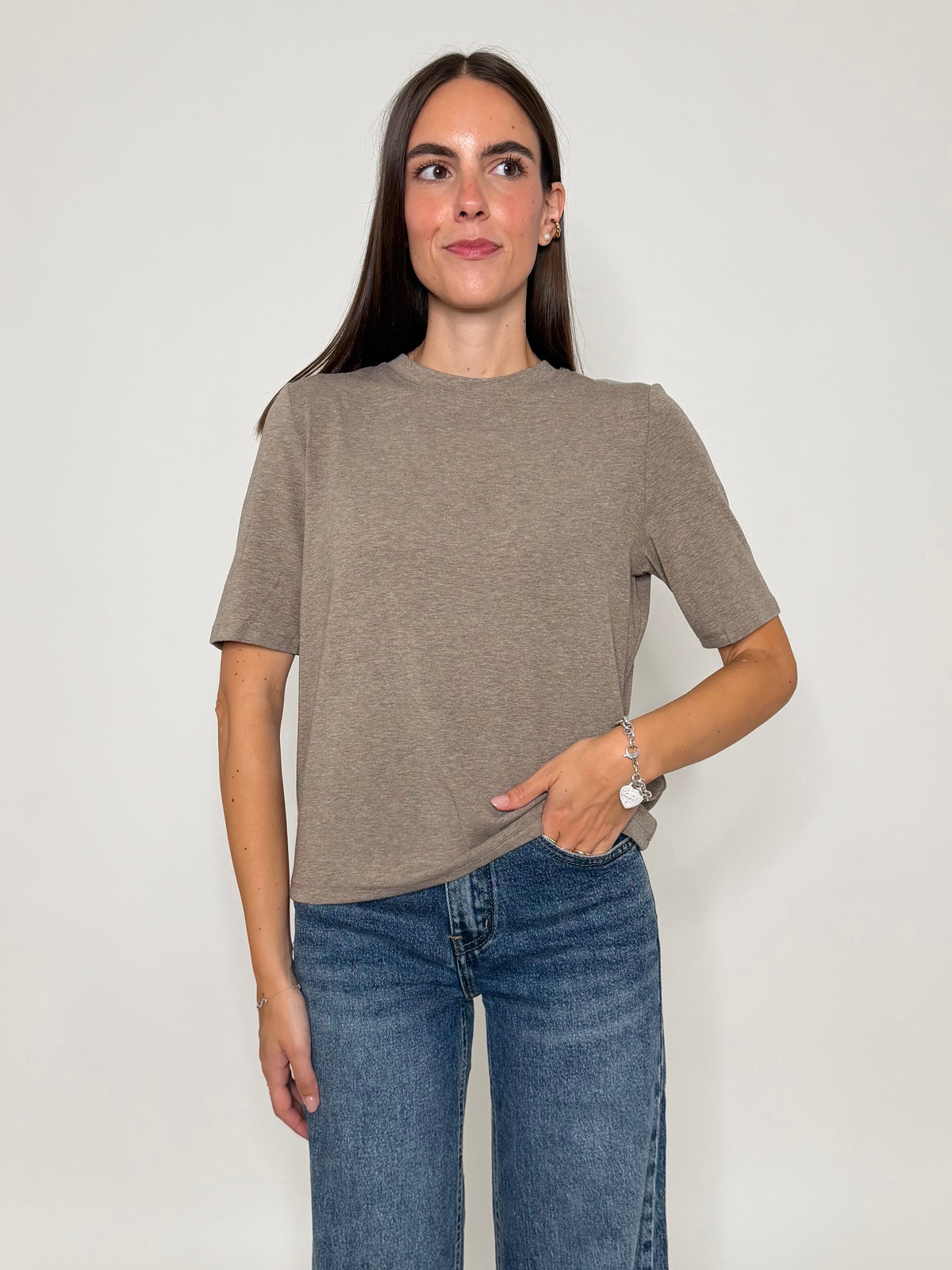 Maglia girocollo basic in viscosa e cotone tortora