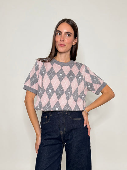 Maglia in viscosa a rombi grigio/rosa
