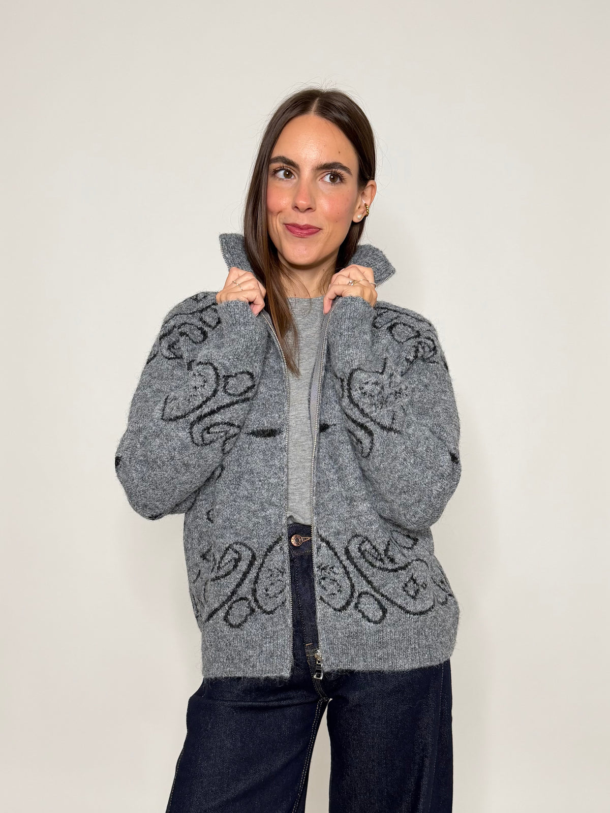Cardigan con zip Bandana misto lana Grigio