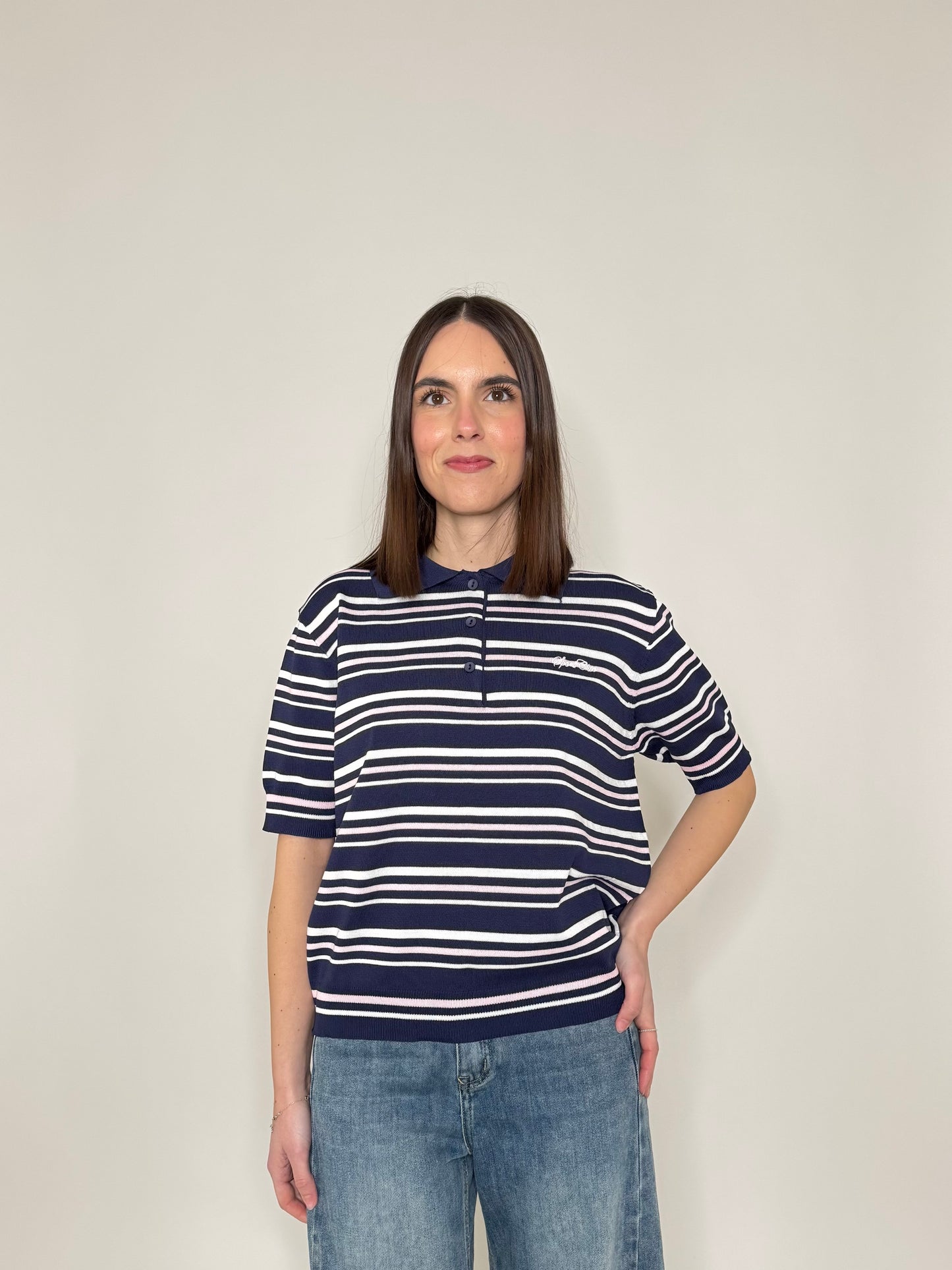 Polo in filo di viscosa a righe Blu navy/bianco