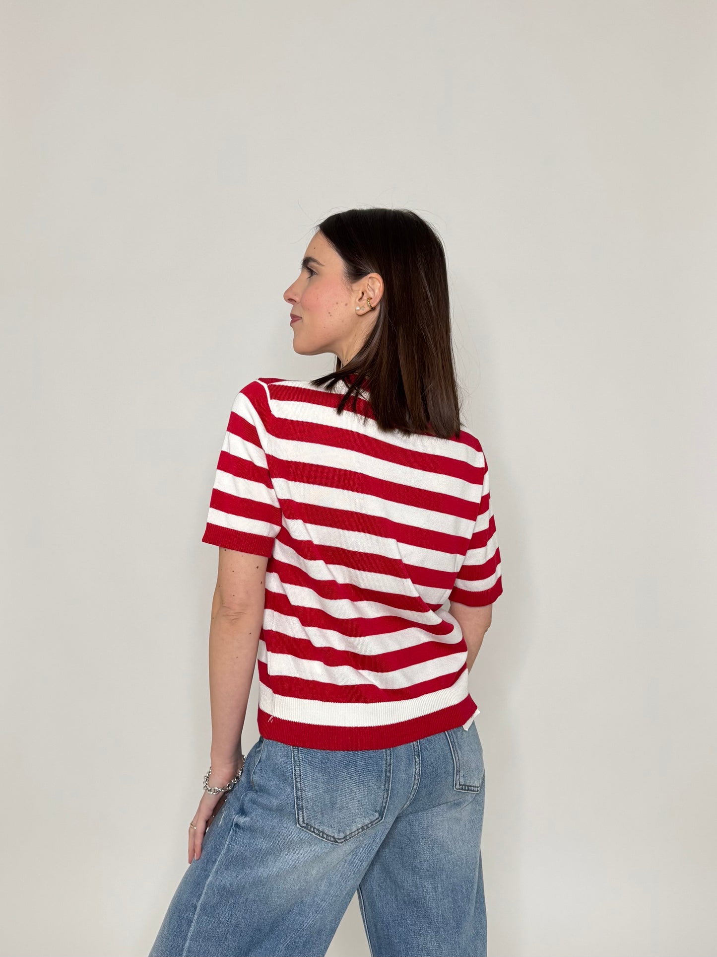 Maglia girocollo a righe manica corta in 100% cotone Rosso/Panna