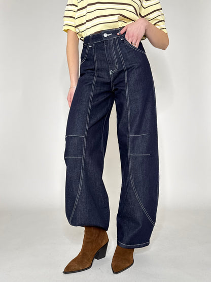 Jeans wide leg barrel con impunture Dark Blu