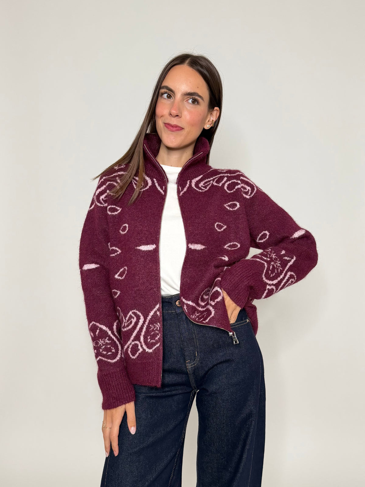 Cardigan con zip Bandana misto lana Bordeaux