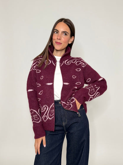 Cardigan con zip Bandana misto lana Bordeaux