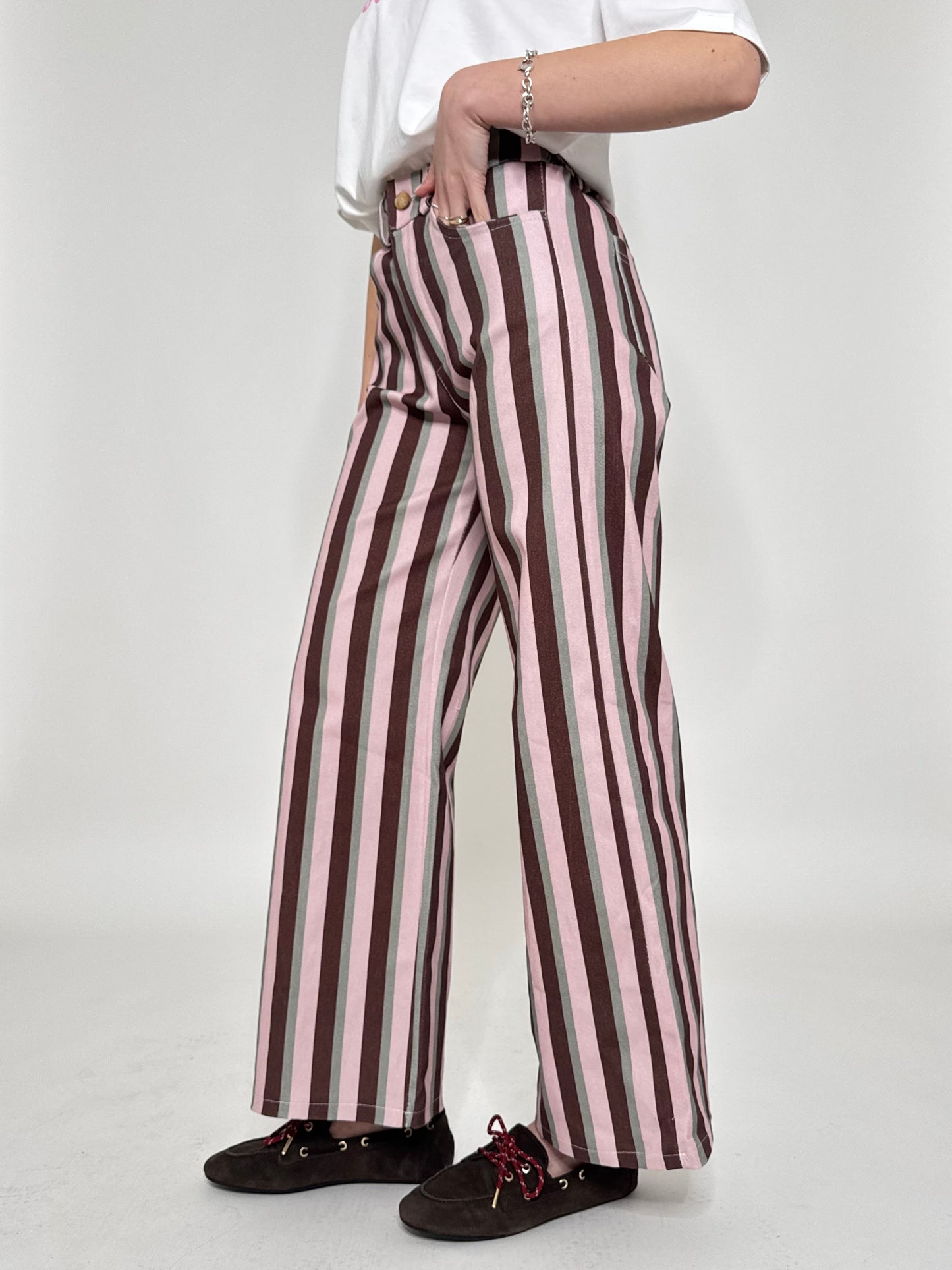 Jeans cinque tasche a righe modello wide leg Rosa/Burgundy/Grigio