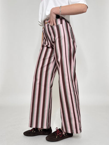 Jeans cinque tasche a righe modello wide leg Rosa/Burgundy/Grigio