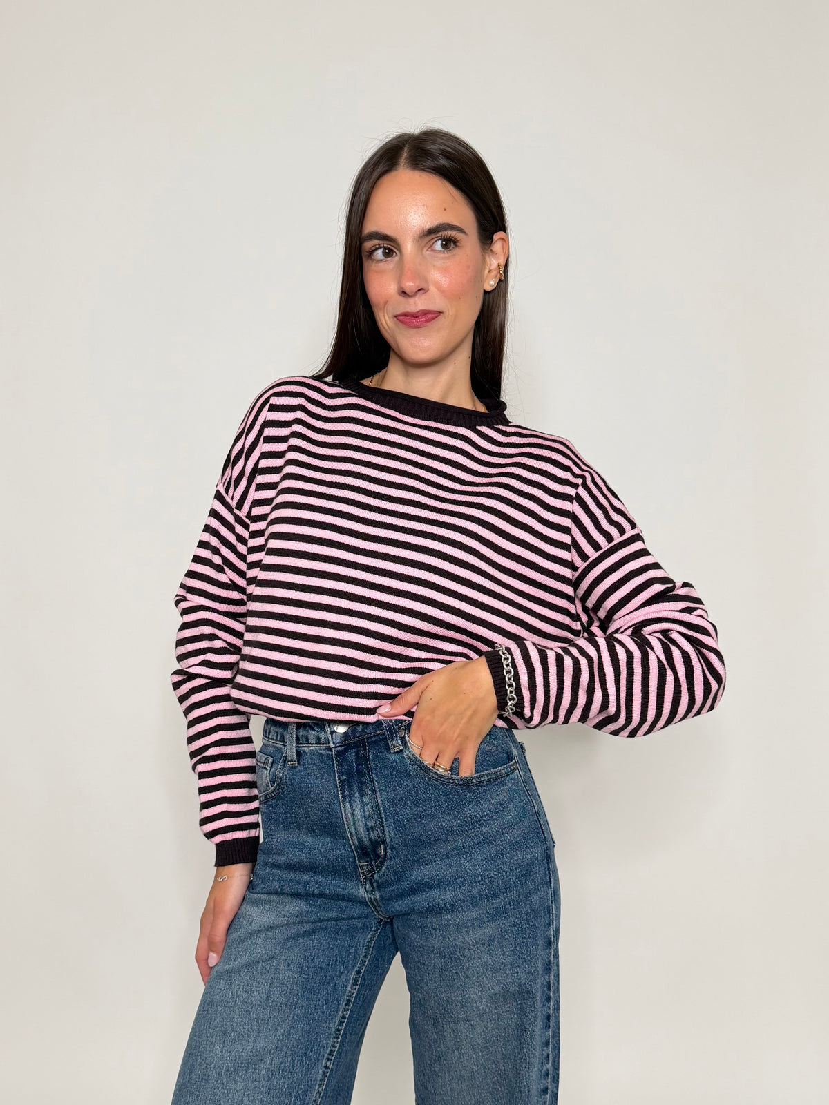 Maglia mille righe fit in morbida viscosa manica lunga rosa