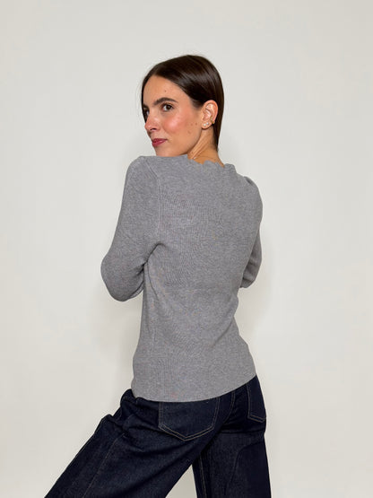 Maglia in morbida viscosa zigzag con manica a campana grigio