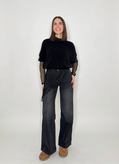 Maglia tulle e pizzo asimmetrica nero