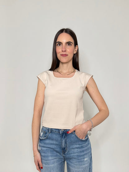 T-shirt scollo quadrato in cotone Beige