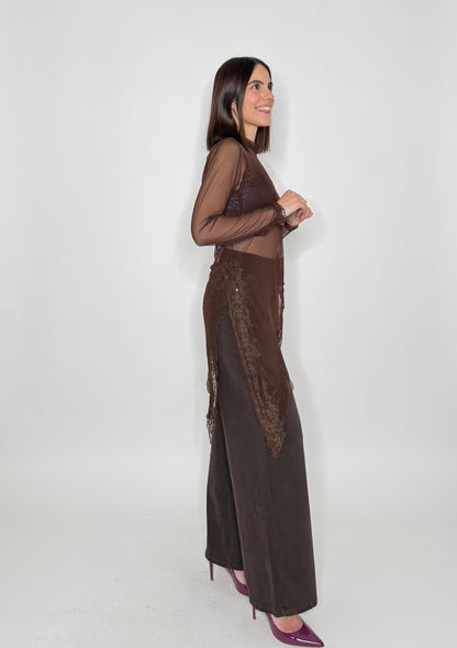 Maglia tulle e pizzo asimmetrica Cioccolato