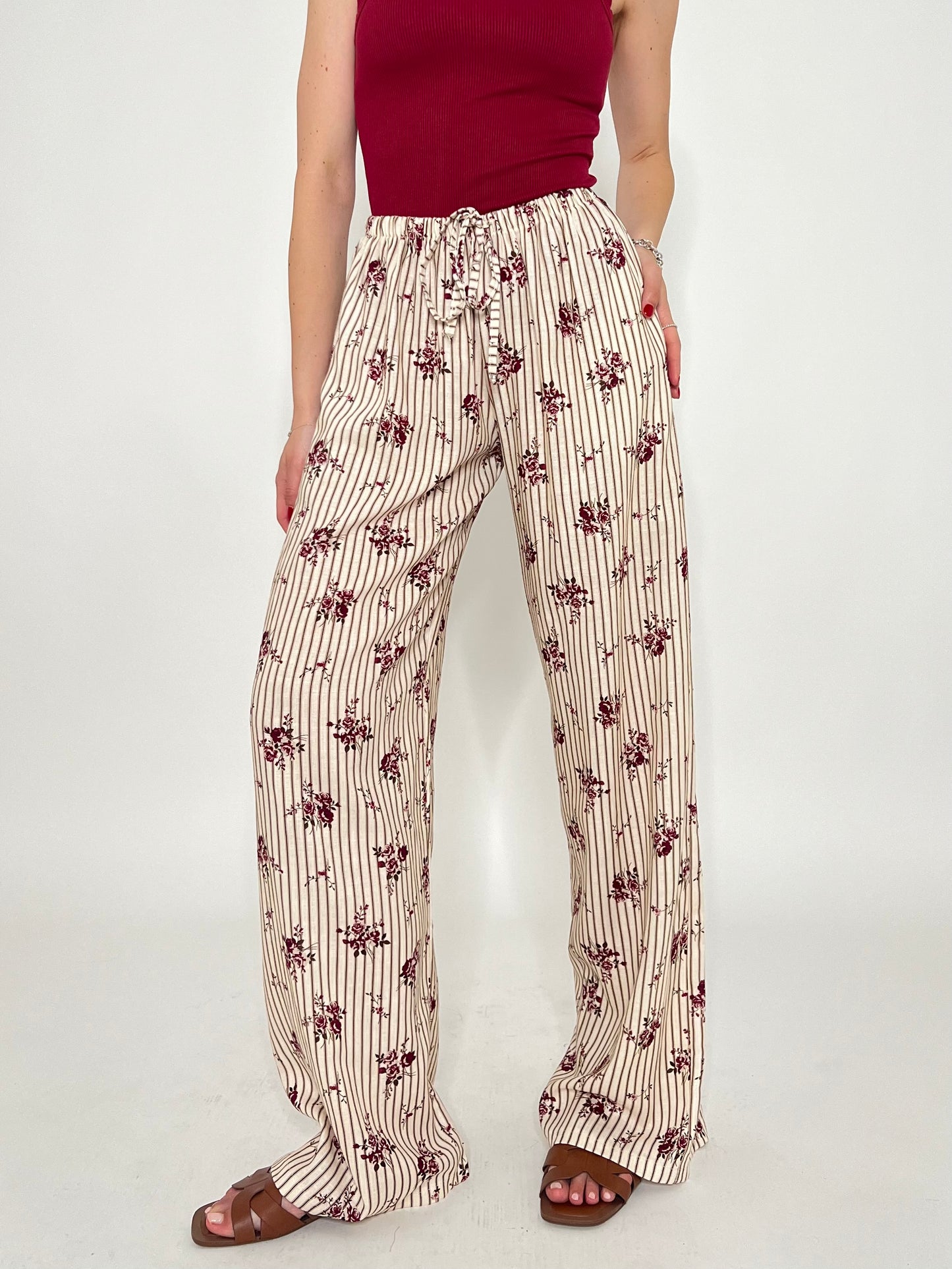 Pantalone in fantasia misto lino e viscosa panna