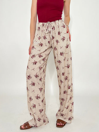 Pantalone in fantasia misto lino e viscosa panna