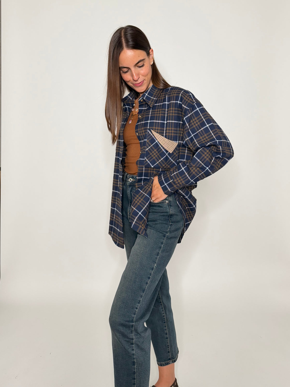 Camicia check in cotone con taschino blu