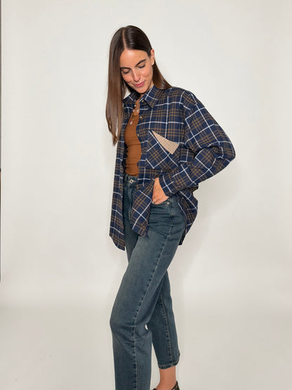 Camicia check in cotone con taschino blu