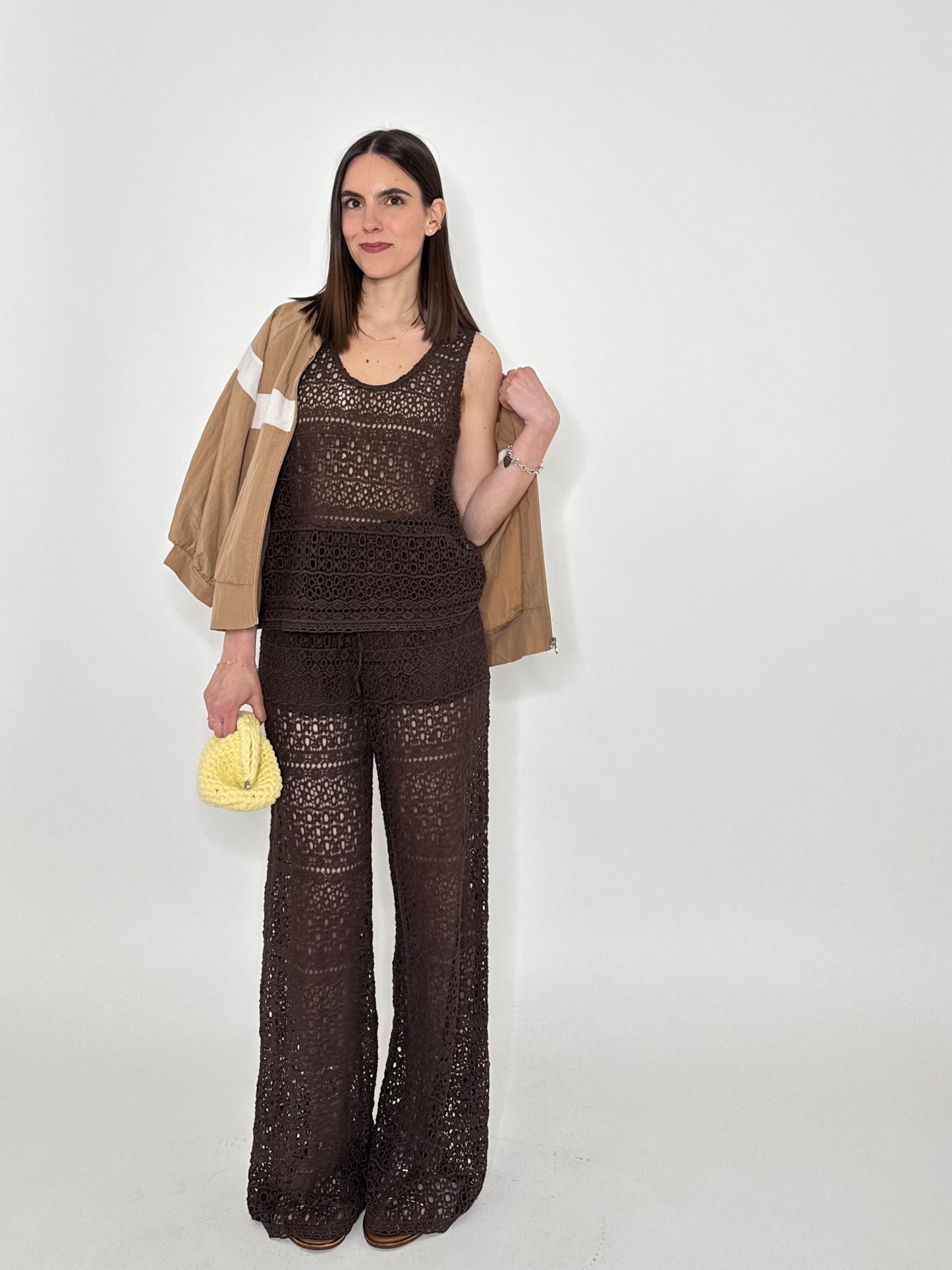 Top pizzo crochet cioccolato in cotone