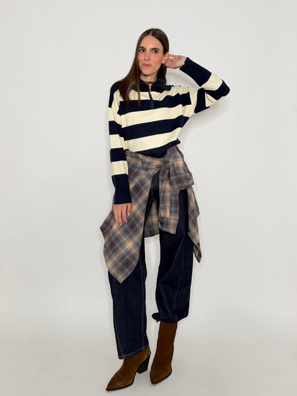 Maglione mezza zip collo alto a righe in morbida viscosa blu/panna