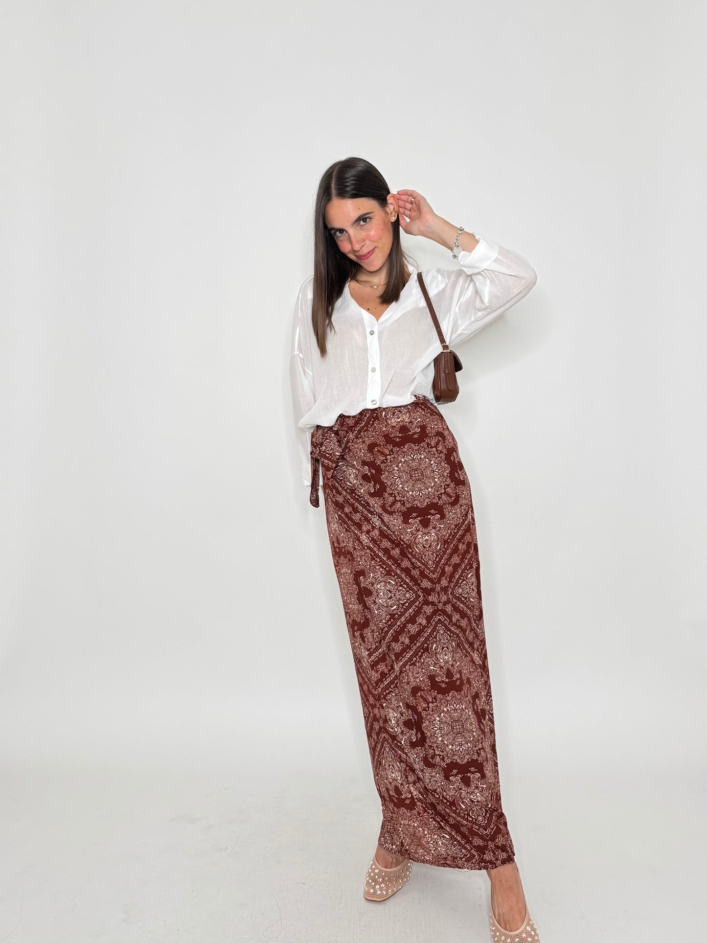 Gonna pareo in fresca viscosa stampa bandana bordeaux