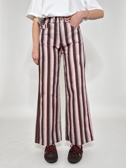 Jeans cinque tasche a righe modello wide leg Rosa/Burgundy/Grigio