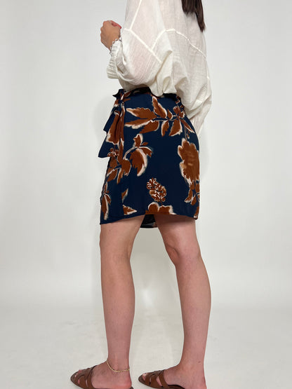 Gonna pareo mini in fresca viscosa floreale blu/moka