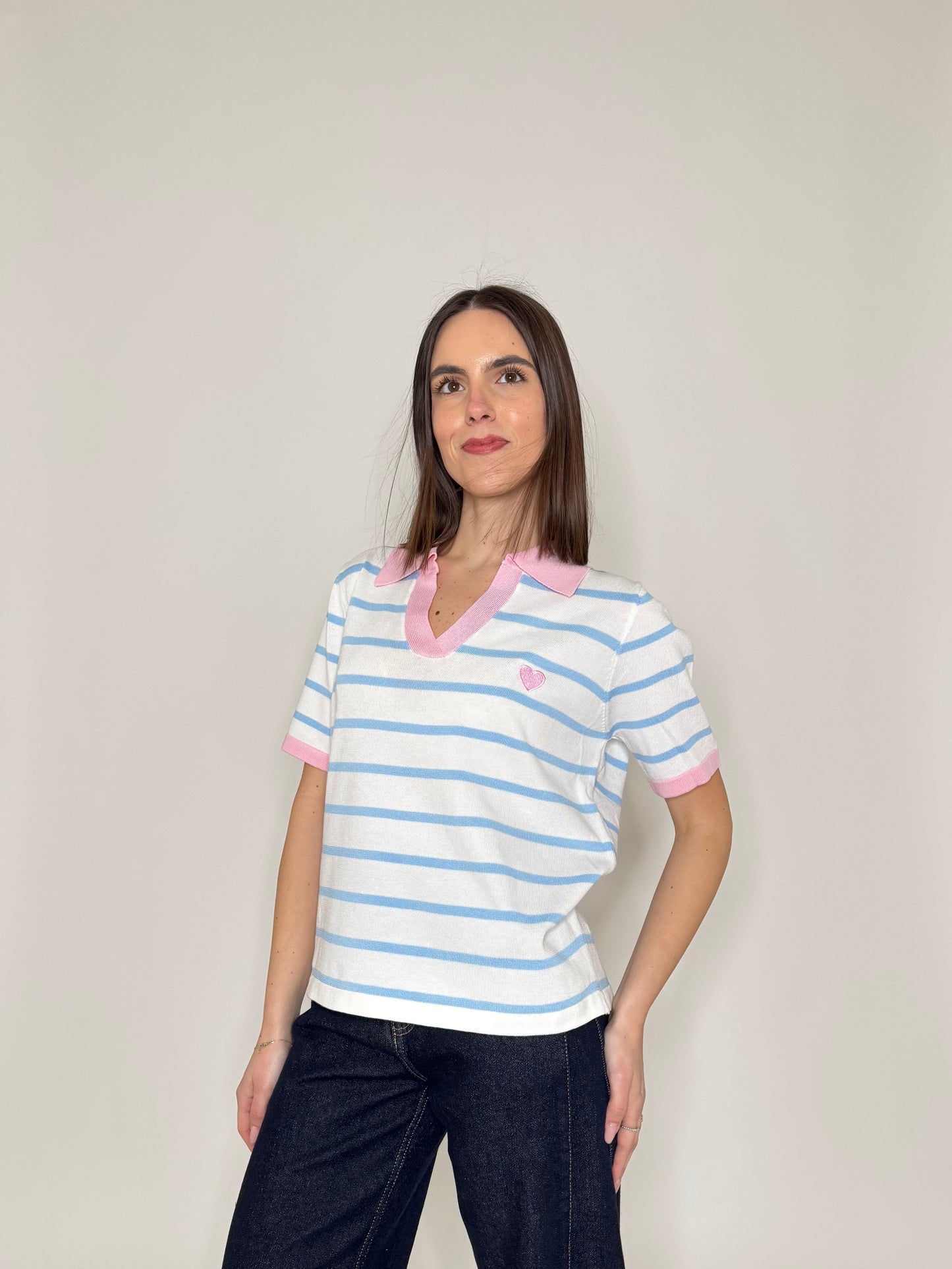 Polo maniche corte in filo di viscosa a righe bianco e azzurro