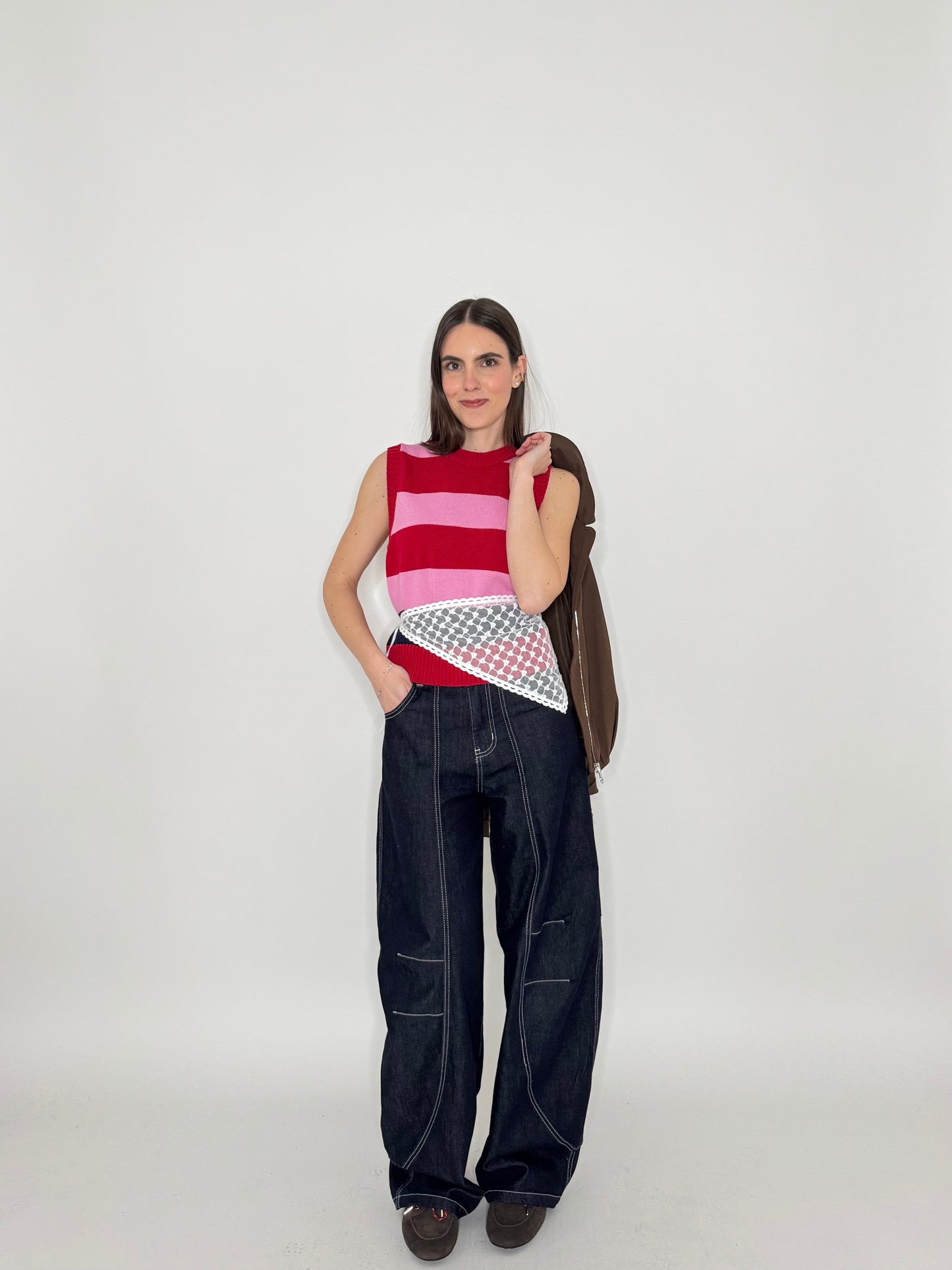 Gilet basic a righe 100% cotone Confetto/Fragola/Blu