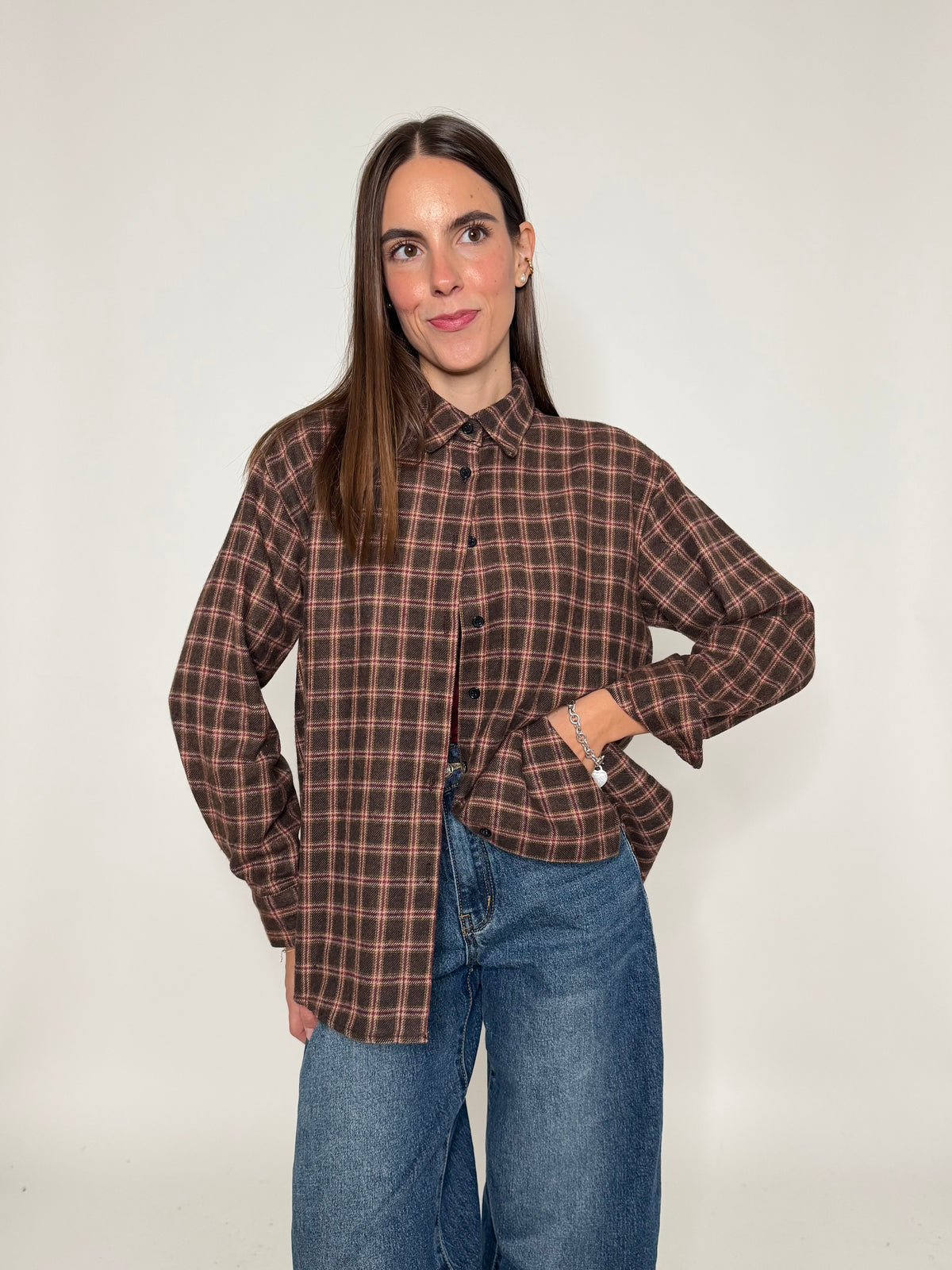 Camicia check vienna in cotone cioccolato/bordeaux