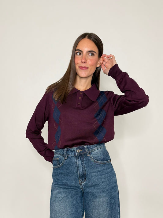 Polo a rombi in viscosa burgundy