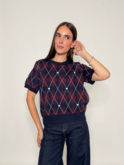 Maglia in viscosa a rombi blu navy/bordeaux