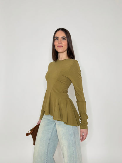 Maglia girocollo in cotone asimmetrica Verde Oliva - Lumina