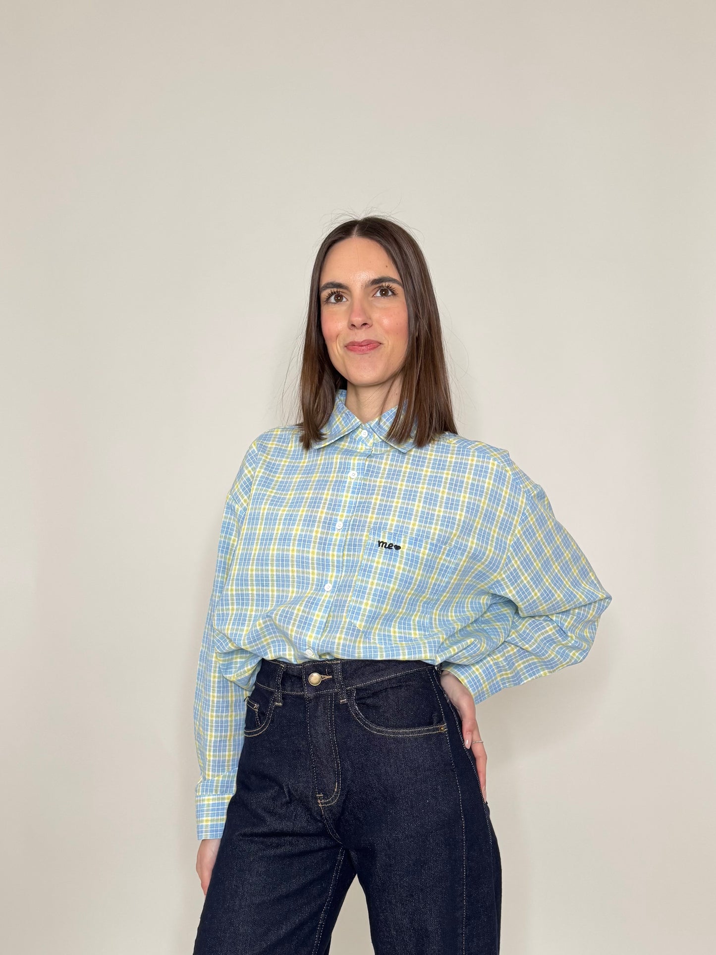 Camicia in cotone a quadri Celeste