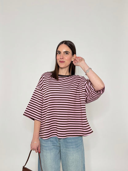 Maglia Felpa a righe light cotton in cotone Cioccolato/Rosa
