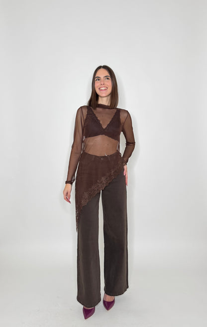 Maglia tulle e pizzo asimmetrica Cioccolato