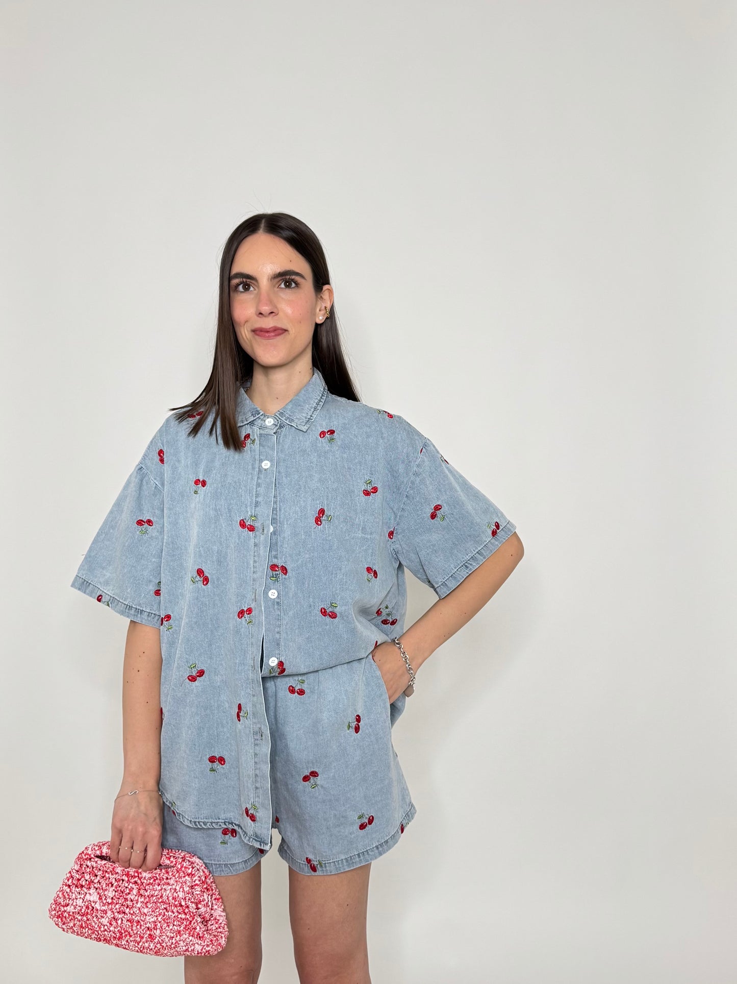Completo denim in cotone con ricami