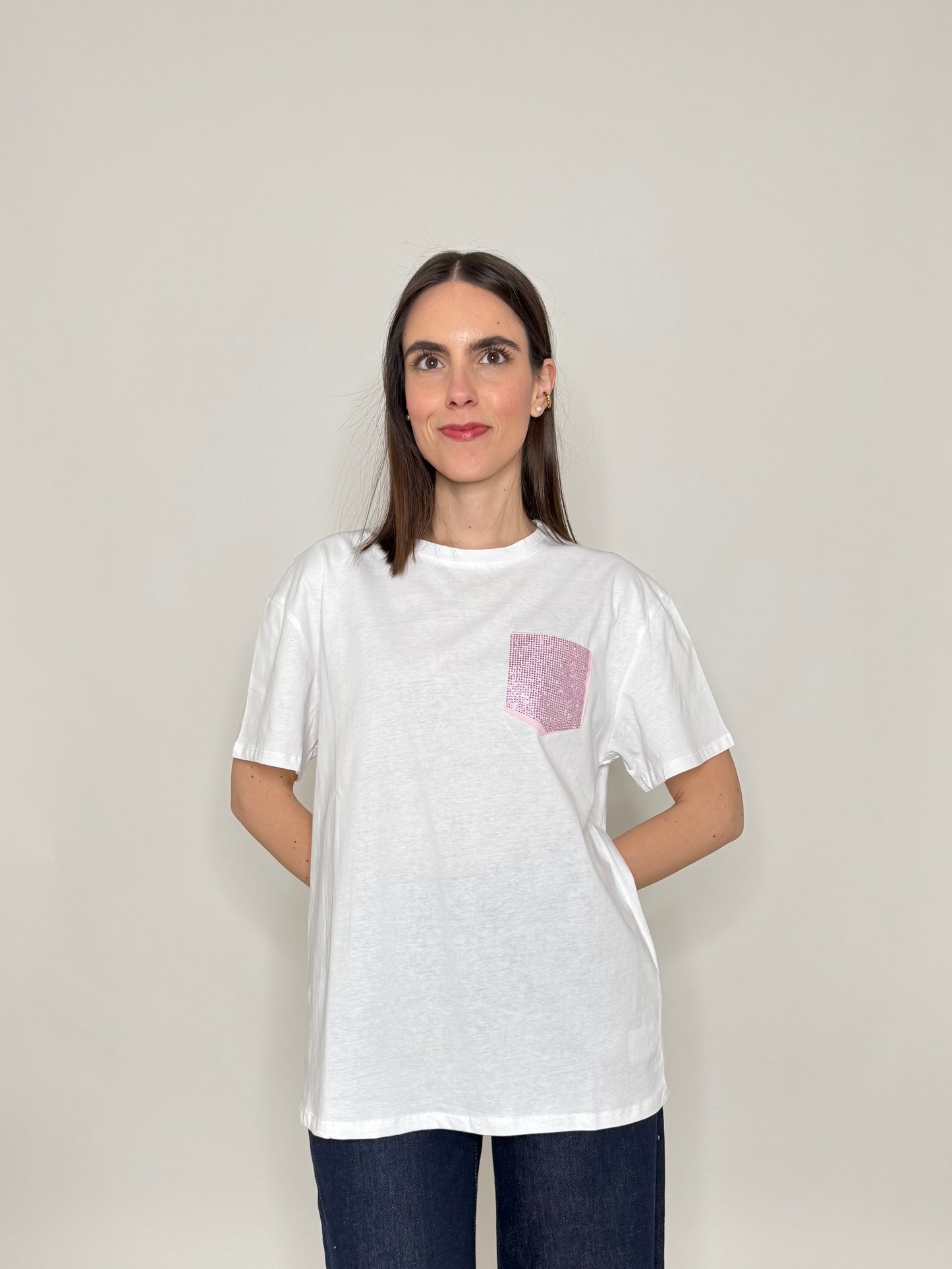 T-shirt in cotone tasca brillantini Rosa